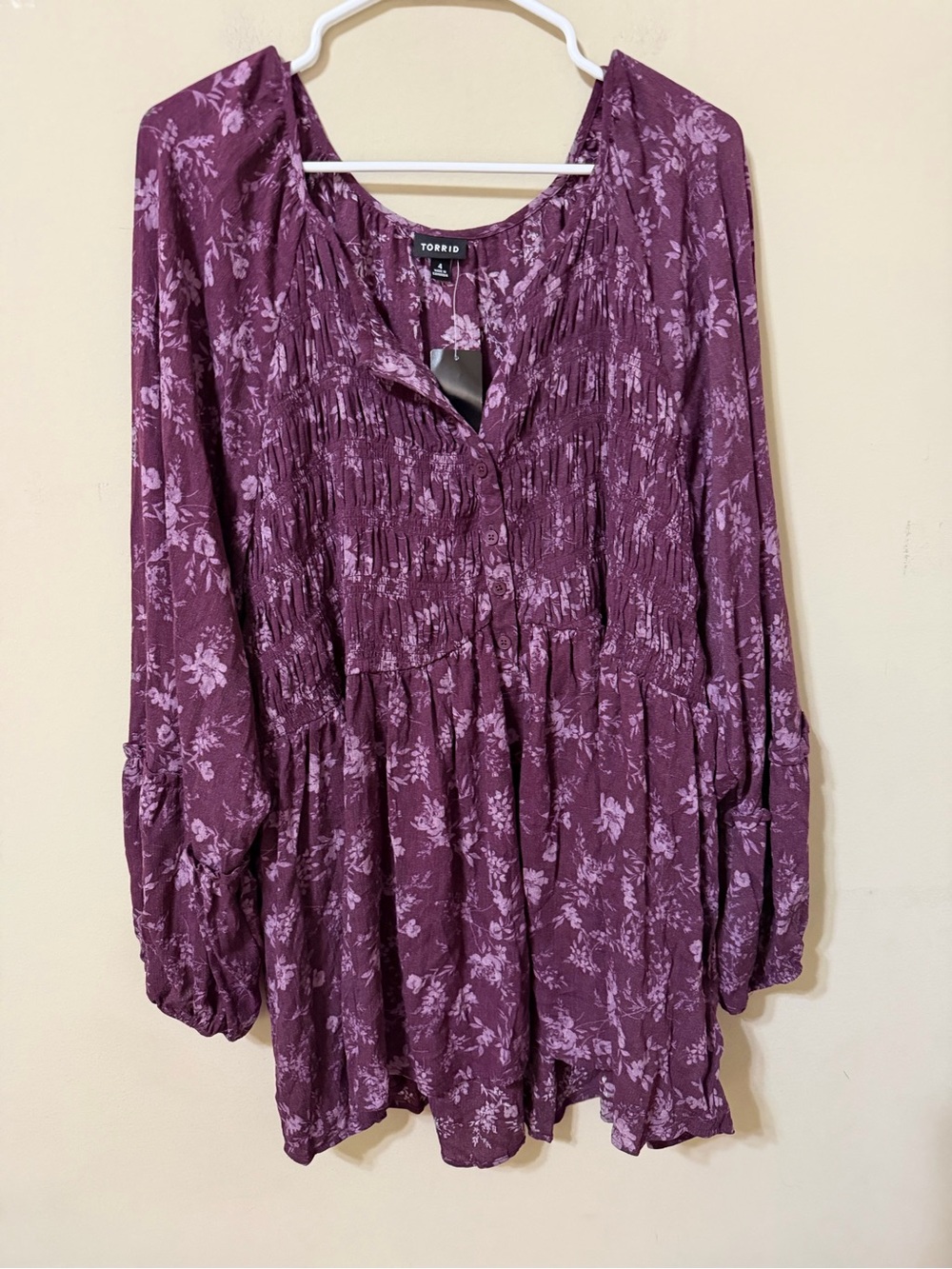 torrid Plum 4 Floral Smocked Peasant Tunic new ethereal boho